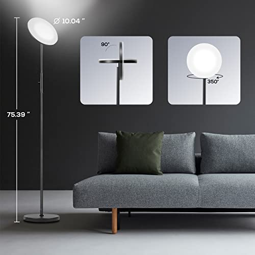 Banord Floor Lamp, Dimmable LED Torchiere Floor Lamp, Modern Tall Standing Lamp with 3000-6000K Color Temperatue Adjustable for Bedroom, Living Room, Reading Room, Office, Black Lamp, Knob Switch