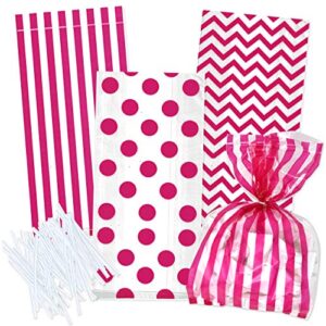 gift boutique 100 valentine’s day pink cellophane bags with twist ties for birthday wedding anniversary baby shower girl favor goody treat bags in polka dot, stripes and chevron design