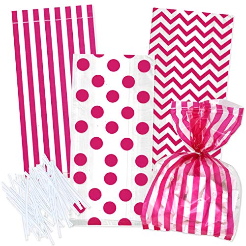 Gift Boutique 100 Valentine's Day Pink Cellophane Bags with Twist Ties for Birthday Wedding Anniversary Baby Shower Girl Favor Goody Treat Bags in Polka Dot, Stripes and Chevron Design