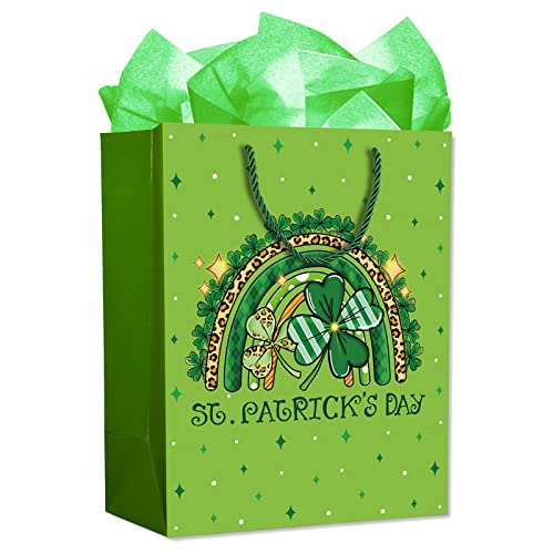 WaaHome St. Patricks Day Gift Bag with Handle 11.5''x9''x5'' Green Shamrock Clover Gift Bags with Tissue Paper, Happy St. Patrick's Day Wrapping Paper Gift Bag for Kids Family Friends