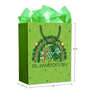 WaaHome St. Patricks Day Gift Bag with Handle 11.5''x9''x5'' Green Shamrock Clover Gift Bags with Tissue Paper, Happy St. Patrick's Day Wrapping Paper Gift Bag for Kids Family Friends