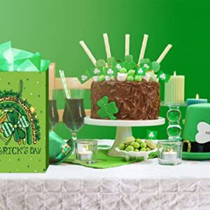 WaaHome St. Patricks Day Gift Bag with Handle 11.5''x9''x5'' Green Shamrock Clover Gift Bags with Tissue Paper, Happy St. Patrick's Day Wrapping Paper Gift Bag for Kids Family Friends