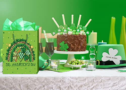 WaaHome St. Patricks Day Gift Bag with Handle 11.5''x9''x5'' Green Shamrock Clover Gift Bags with Tissue Paper, Happy St. Patrick's Day Wrapping Paper Gift Bag for Kids Family Friends