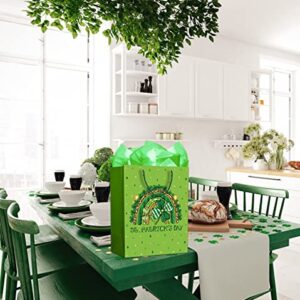 WaaHome St. Patricks Day Gift Bag with Handle 11.5''x9''x5'' Green Shamrock Clover Gift Bags with Tissue Paper, Happy St. Patrick's Day Wrapping Paper Gift Bag for Kids Family Friends