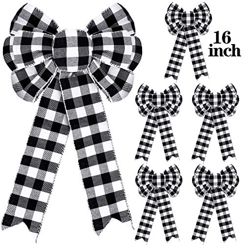 WILLBOND 6 Pieces 9 x 16 Inches Buffalo Plaid Bow Christmas Plaid Ribbon Bows Buffalo Check Bows for Halloween Thanksgiving and Christmas Tree Crafts DIY Bow Decoration (Black, White)