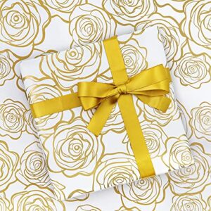 gift wrapping paper, golden rose pattern in white art paper with 1 roll gold ribbon, for weddings, mother’s day, birthdays, baby showers, bridal showers, valentine’s day or any occasion(6 sheets)