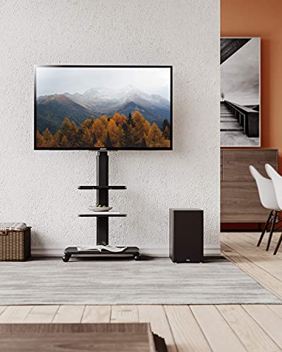 FITUEYES Rolling TV Stand, Mobile TV Cart on Wheels for 32 - 65 70 Inch Flat Screen TVs, Tall TV Floor Stand with Swivel Mount, Corner TV Stands for Bedroom, Outdoor, Home Office, Small Dorm, Black