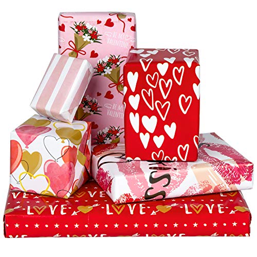 MAYPLUSS Wrapping Paper Large Sheet - Folded Flat - 6 Different Valentines Day Design (45.2 sq. ft.ttl.) - 27.5 inch X 39.4 inch Per Sheet