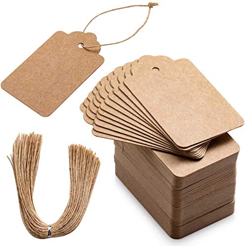 Primbeeks 200pcs Premium Gift Tags, Double-Sided Available Kraft Paper Price Tags with 200 Root Natural Jute Twine, Craft Tags Labels Treats Tags for Wedding Christmas Day Thanksgiving