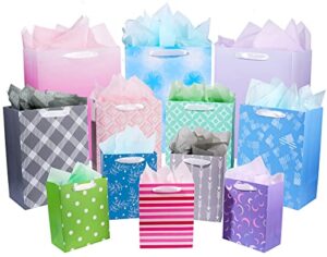 12 pack gift bags assorted sizes and designs, gift bags bulk with tissue paper (5 medium 8″, 4 large 11″, 3 extra large 14″) for birthday, baby showers, bridal showers, easter day any occasion