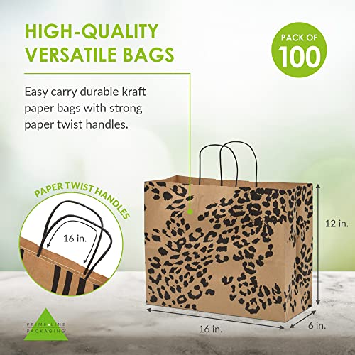 Boutique Bags - 16x6x12 100 Pack Extra Large Retail Bags for Small Business with Handles, Animal Print Brown Gift Bags for Goodie & Favor Bags, Birthday Party, Retail, Shopping, Merchandise, Bulk