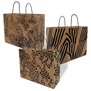 Boutique Bags - 16x6x12 100 Pack Extra Large Retail Bags for Small Business with Handles, Animal Print Brown Gift Bags for Goodie & Favor Bags, Birthday Party, Retail, Shopping, Merchandise, Bulk