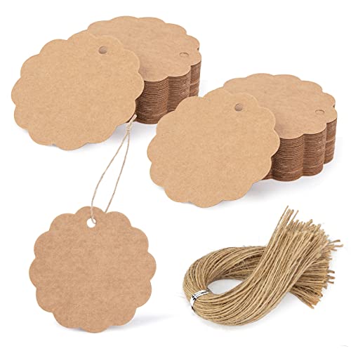 SallyFashion Corrugated Kraft Tags, 140PCS Round and Corrugated Brown Gift Tags with 140PCS Free Natural Jute Twines Circle Tags for Gift Wrapping, Price, Cookies, Cupcake Tags