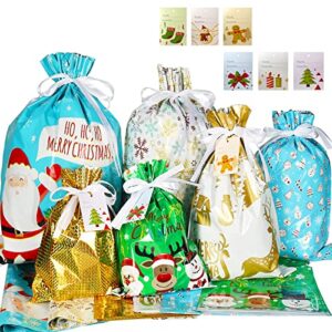 hrx package holiday drawstring gift bags with tags, 30pcs christmas foil gift wrapping sacks pouches for xmas presents party favor