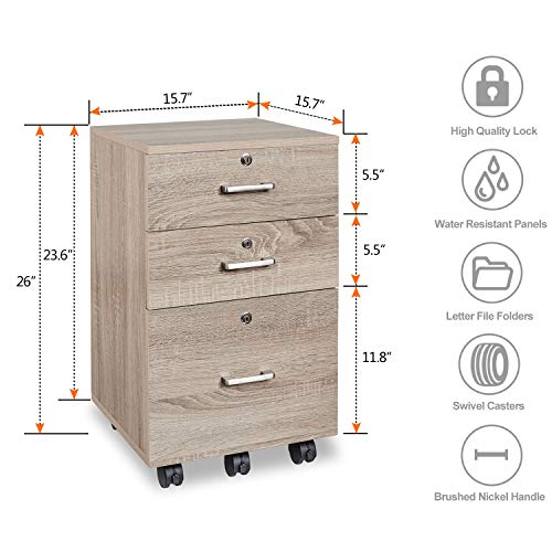 Bonnlo Upgraded 3-Drawer Rolling Wood File Cabinet with Lock, Mobile Filing Cabinet for Home Office, Under Desk File Cabinet for Hanging Letter Size Documents, Assembly Required, Oak, 26” H