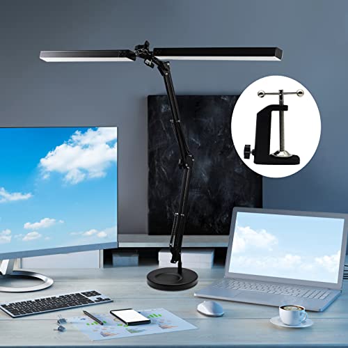 Hitish LED Desk Lamp, 24W Super Bright Architect Desk Lamp with 3 Color Modes & 10 Brightness Levels for Home & Office, Eye Protection Swing Arm Desk Lamp with Base & Clamp for Study, Work, Monitor