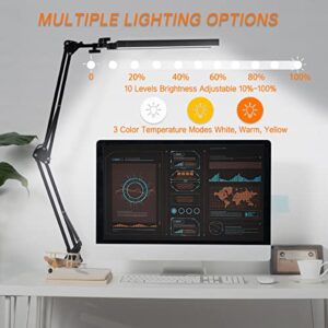 Hitish LED Desk Lamp, 24W Super Bright Architect Desk Lamp with 3 Color Modes & 10 Brightness Levels for Home & Office, Eye Protection Swing Arm Desk Lamp with Base & Clamp for Study, Work, Monitor