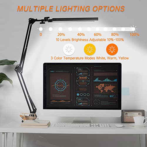 Hitish LED Desk Lamp, 24W Super Bright Architect Desk Lamp with 3 Color Modes & 10 Brightness Levels for Home & Office, Eye Protection Swing Arm Desk Lamp with Base & Clamp for Study, Work, Monitor