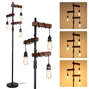 dimmable industrial floor lamp, farmhouse tree floor lamp, 68 inch 3 lights wood standing lamp, sturdy base tall vintage pole light, metal black floor lamps for living room bedroom office rustic home