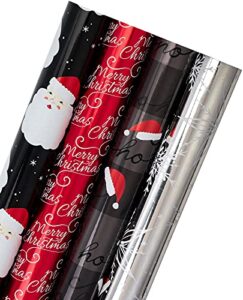 wrapaholic christmas wrapping paper roll – black and red retro santa, silver snowflake, ho ho ho santa hat holiday collection with metallic foil shine – 4 rolls – 30 inch x 120 inch per roll