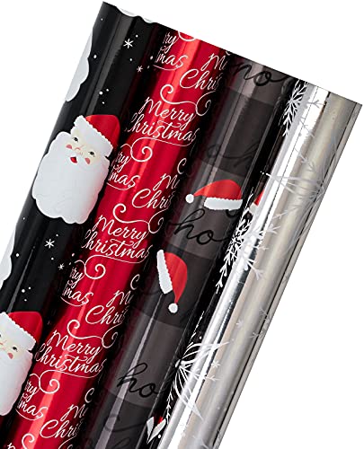 WRAPAHOLIC Christmas Wrapping Paper Roll - Black and Red Retro Santa, Silver Snowflake, HO HO HO Santa Hat Holiday Collection with Metallic Foil Shine - 4 Rolls - 30 Inch X 120 Inch Per Roll