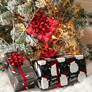 WRAPAHOLIC Christmas Wrapping Paper Roll - Black and Red Retro Santa, Silver Snowflake, HO HO HO Santa Hat Holiday Collection with Metallic Foil Shine - 4 Rolls - 30 Inch X 120 Inch Per Roll