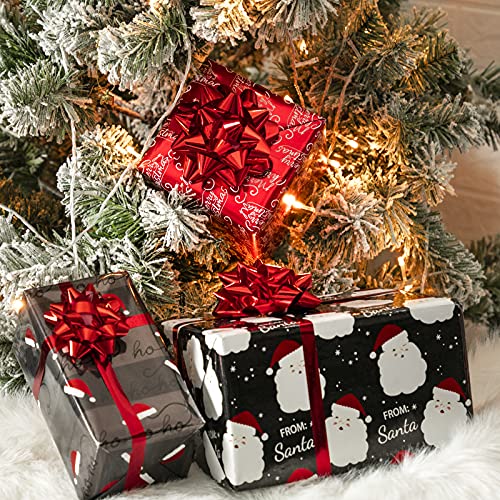 WRAPAHOLIC Christmas Wrapping Paper Roll - Black and Red Retro Santa, Silver Snowflake, HO HO HO Santa Hat Holiday Collection with Metallic Foil Shine - 4 Rolls - 30 Inch X 120 Inch Per Roll