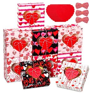 48 pcs valentines day gift boxes heart shaped transparent window treat box 5 x 5 x 1.4 inch mini kraft boxes small goodie boxes with tags and ropes for candy chocolate bakery cookies soap packaging