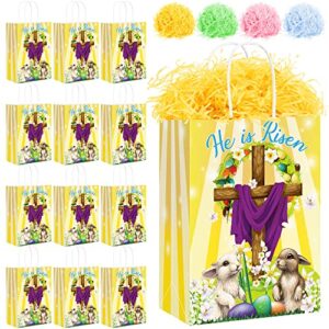 mimind 24 pieces easter bunny paper gift bags inspiring he is risen sign candy goodie bags with double handles and rayon raffia for easter theme bible party favors egg hunt supplies