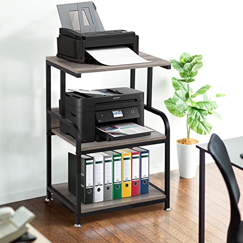 KirKical 3-Tier Mobile Printer Stands on Wheels with Storage Shelves Industrial Style Machine Cart Organizer Table for Office and Home Slate Grey Wood and Black Metal Finished