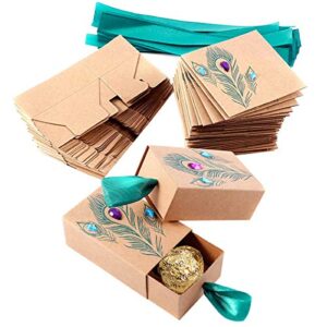faylapa suitcase candy boxes, party favor candy box, vintage kraft paper gift bag for travel theme party,wedding,birthday,bridal shower (peacock feather 50pcs)