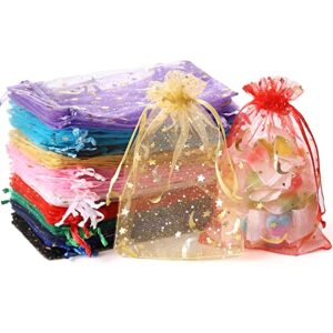 100pcs moon star organza bags, 4×6″ wedding favors bags with drawstring, mixed color little mesh gift pouches candy organza gift bags for party, jewelry, christmas, festival, eid mubarak party favor bags