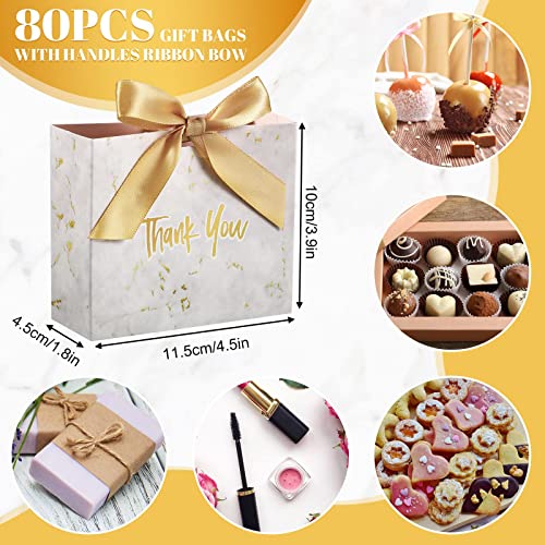 Mimorou 80 Pack Small Thank You Gift Bags Marble Pattern Party Favor Bag with Champagne Gold Bow Ribbon 4.53 x 1.77 3.94 Inch Wedding Mini Goodie for Adults Paper Wrap