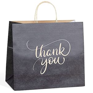 50 pcs large black charcoal paper bags with handles bulk, thank you gift bags large 13 x 6.5 x 11.8, kraft paper bags for small business, shopping, wedding, party, retail, goodies, wholesales (50)