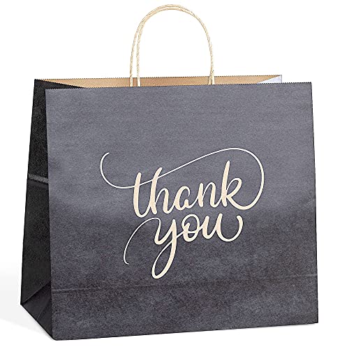 50 Pcs Large Black Charcoal Paper Bags With Handles Bulk, Thank You Gift Bags Large 13 x 6.5 x 11.8, Kraft Paper Bags for Small Business, Shopping, Wedding, Party, Retail, Goodies, Wholesales (50)