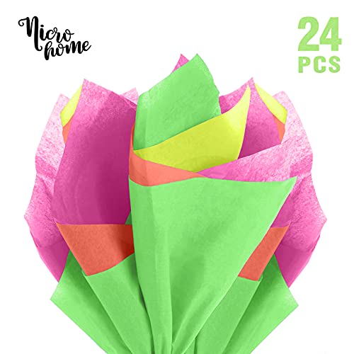 NICROHOME 24PCS Neon Wrapping Paper in 4 Color, 20 x 28Inch Glowing Tissue Paper for Gift Bags Box Wrapping, Birthday Wedding Party Decorations, DIY Craft, Present Packaging, Baby Shower