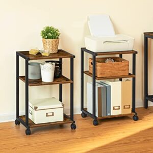 HOOBRO Mobile Printer Stand, 3-Tier Printer Cart Under Desk with Storage, Industrial Adjustable Rolling Cart , Sturdy Little Table on Wheels for Home Office, Rustic Brown and Black BF28PS01