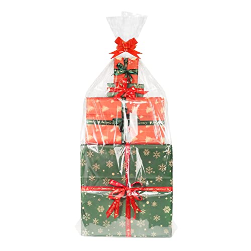 JOYIT 10 Pack Clear Cellophane Bags Large (35 in x 55 in) - 3 Mil Thicker Clear Cellophane Wrap for Gift Baskets, Opp Clear Plastic Gift Bags with Red Bows Ribbons