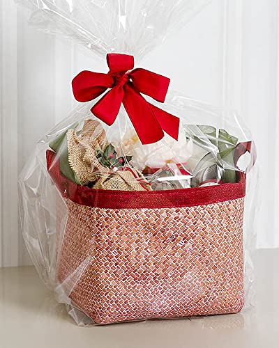 JOYIT 10 Pack Clear Cellophane Bags Large (35 in x 55 in) - 3 Mil Thicker Clear Cellophane Wrap for Gift Baskets, Opp Clear Plastic Gift Bags with Red Bows Ribbons