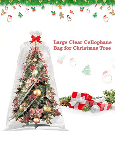 JOYIT 10 Pack Clear Cellophane Bags Large (35 in x 55 in) - 3 Mil Thicker Clear Cellophane Wrap for Gift Baskets, Opp Clear Plastic Gift Bags with Red Bows Ribbons