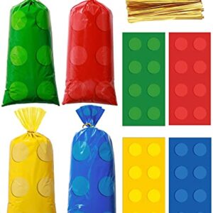 100 Pack Building Block Cellophane Treat Bags Treat Brick Themed Candy Bags Assorted Brick Cello Goodie Bags Thick Brick Gift Bags Cookie Brick Themed Bags with 100 Twist Ties for Party Supplies