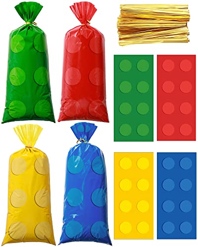 100 Pack Building Block Cellophane Treat Bags Treat Brick Themed Candy Bags Assorted Brick Cello Goodie Bags Thick Brick Gift Bags Cookie Brick Themed Bags with 100 Twist Ties for Party Supplies