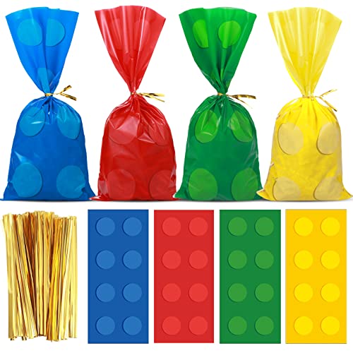 100 Pack Building Block Cellophane Treat Bags Treat Brick Themed Candy Bags Assorted Brick Cello Goodie Bags Thick Brick Gift Bags Cookie Brick Themed Bags with 100 Twist Ties for Party Supplies