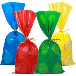 100 Pack Building Block Cellophane Treat Bags Treat Brick Themed Candy Bags Assorted Brick Cello Goodie Bags Thick Brick Gift Bags Cookie Brick Themed Bags with 100 Twist Ties for Party Supplies