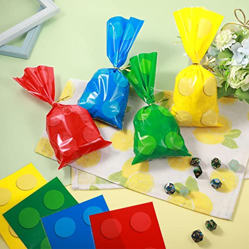 100 Pack Building Block Cellophane Treat Bags Treat Brick Themed Candy Bags Assorted Brick Cello Goodie Bags Thick Brick Gift Bags Cookie Brick Themed Bags with 100 Twist Ties for Party Supplies
