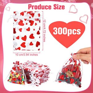 300 Pcs Valentine's Day Heart Candy Bags Organza Jewelry Pouches Drawstring Bags Valentine Love Heart Gift Bags Wedding Gift Pouch Drawstring Pouch for Gift Packaging (Heart Pattern, 3.94 x 4.72 Inch)