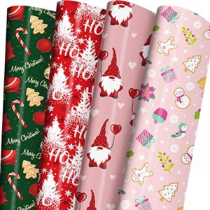 giolainy christmas wrapping paper for kids boys girls baby men women – xmas gift wrap contain red trees, pink santa, snowflakes, green “merry christmas” with holly design – 8 sheets (20*29 inch per sheet), recyclable, high gloss, easy to store, not roll