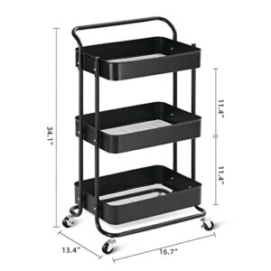 TOOLF 3 Tier Metal Rolling Cart, Utility Cart with Handle, Multifunction Storage Cart with Lockable Wheels, Serving Organizer Trolley with Mesh Basket for Kitchen, Bathroom, Office