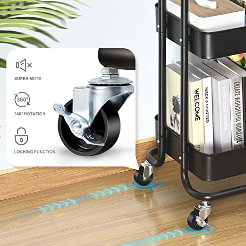 TOOLF 3 Tier Metal Rolling Cart, Utility Cart with Handle, Multifunction Storage Cart with Lockable Wheels, Serving Organizer Trolley with Mesh Basket for Kitchen, Bathroom, Office