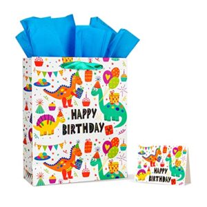 12.6″ large happy birthday gift bags with tissue papers and card for boys girls and kids(dinosaur)